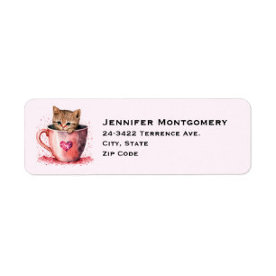 Étiquette Cute Kitten dans un Teacup avec les coeurs
