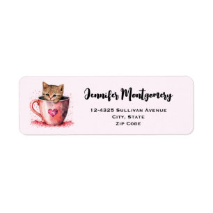 Étiquette Cute Kitten dans un Teacup avec les coeurs