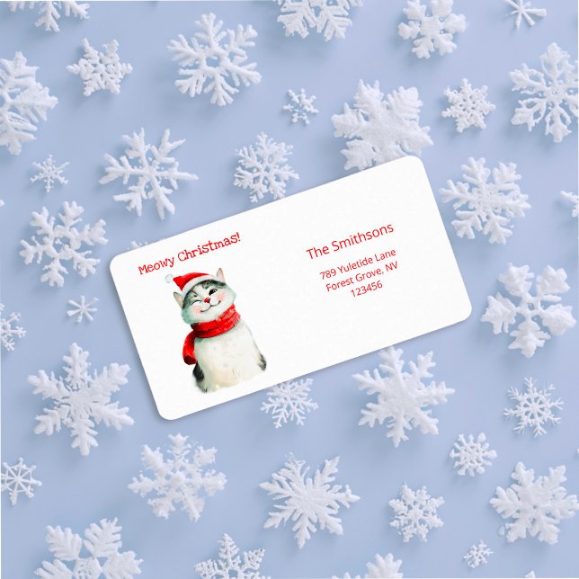 Étiquette Cute Meowy Chat Noël Adresse de retour (Cute Meowy Christmas Cat Return Address Label)