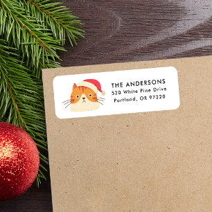 Étiquette Cute Orange Chat Santa Hat Noël Adresse de retour