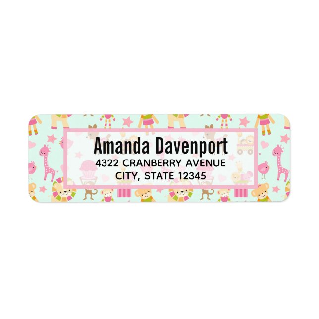 Étiquette Cute Pattern avec Whimsical Animals & Toys (Devant)