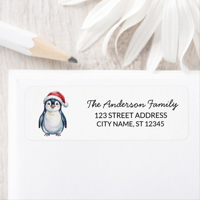 Étiquette Cute Penguin à Santa Hat Noël Retour Adresse (En situation)