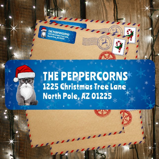 Étiquette Cute Père Noël Christmas Cat Blue Adresse de retou (Available in multiple colors. Personalize and make it your own!)