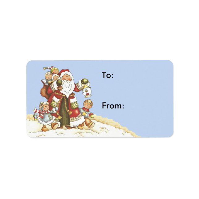 Étiquette Cute Père Noël entourée d'enfants en bleu neigeux (Devant)