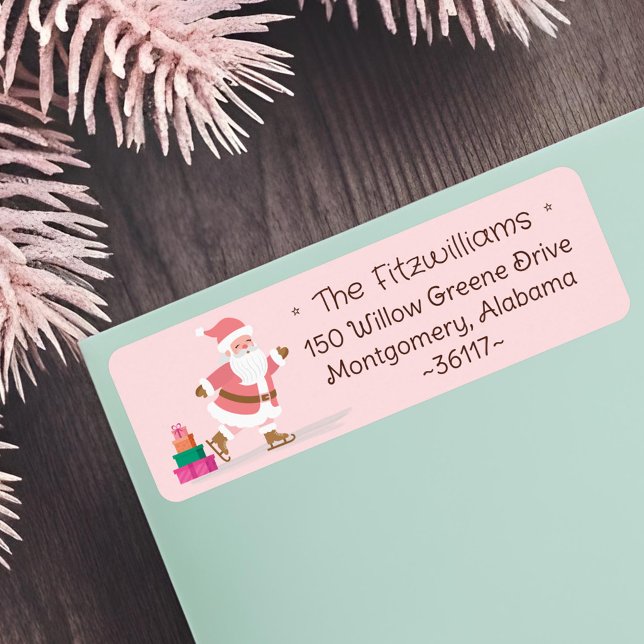 Étiquette Cute Pink Christmas Santa Claus Ice Skating  (Cute Pink Christmas Santa Claus Ice Skating Label)