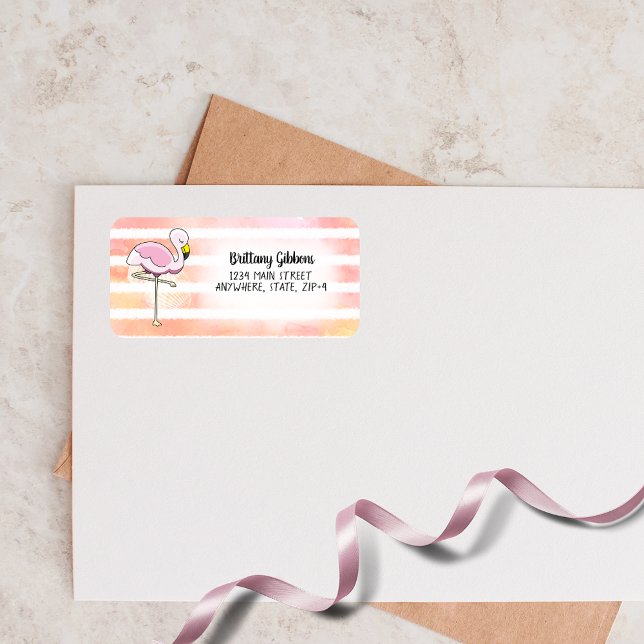 Étiquette Cute Pink Flamingo Stripes Return Address (Créateur téléchargé)
