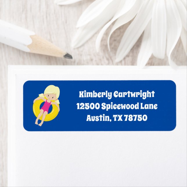 Étiquette Cute Pool Party Blonde Girl Swim Retour Adresse (En situation)