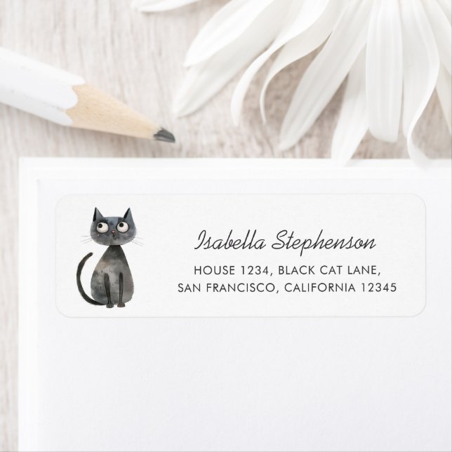Étiquette Cute Quirky Black Cat Return Address (En situation)