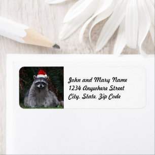 Étiquette Cute Raccoon portant Red Santa Hat Adresse de reto