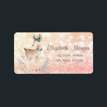 Étiquette Cute Reindeer,Glitter Bokeh<br><div class="desc">Adorable pine trees and gold deer on glitter bokeh background. An elegant and sophisticated design. Customize with your name and address details.</div>