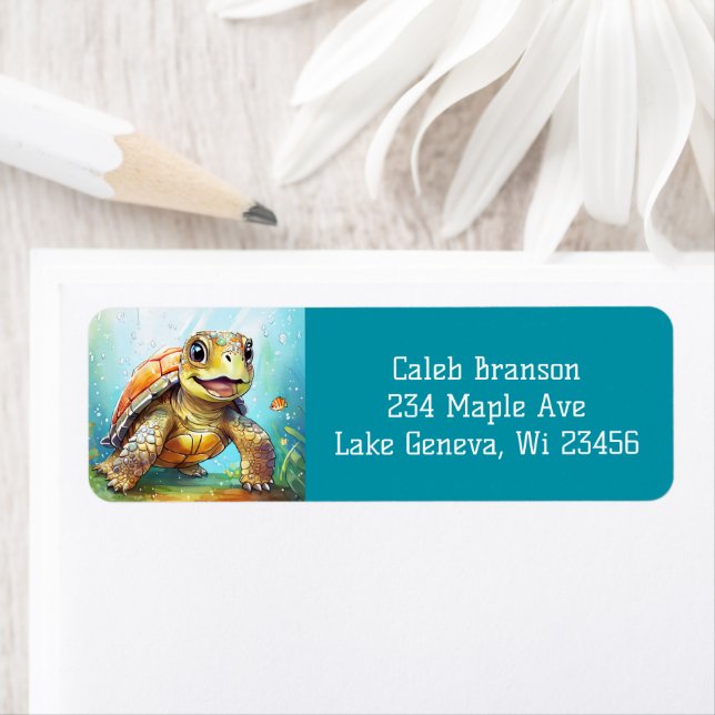 Étiquette Cute Sea Turtle in the Ocean Cartoon (En situation)