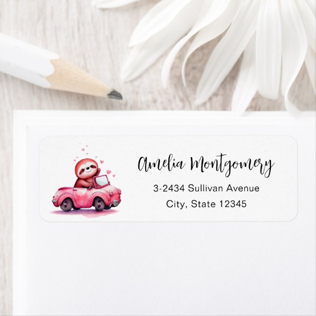 Étiquette Cute Sloth Driving a Pink Convertible - Address (En situation)