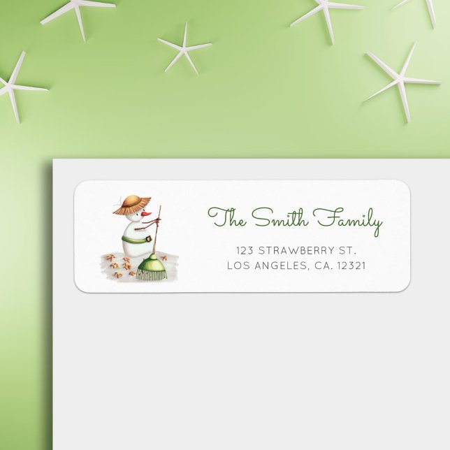 Étiquette Cute Snowman Raking Feuilles Fall Return Adresse (Créateur téléchargé)