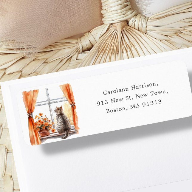 Étiquette Cute tabby Chat | Adresse automnale (Créateur téléchargé)