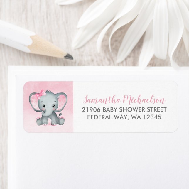 Étiquette Cute Watercolor Girl Elephant Baby shower (En situation)