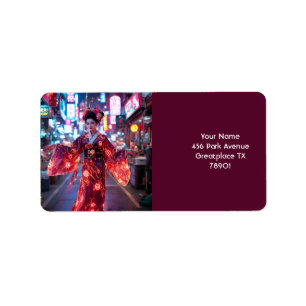 Étiquette Cyber-kimono rouge mignon Imaginaire