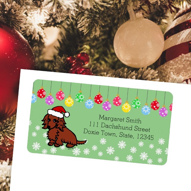 Étiquette Dachshund à poils longs rouges Noël Mignon (Red Long Haired Dachshund Cute Christmas Return Address Labels for Dachshund Owners.  Cute Cartoon.)