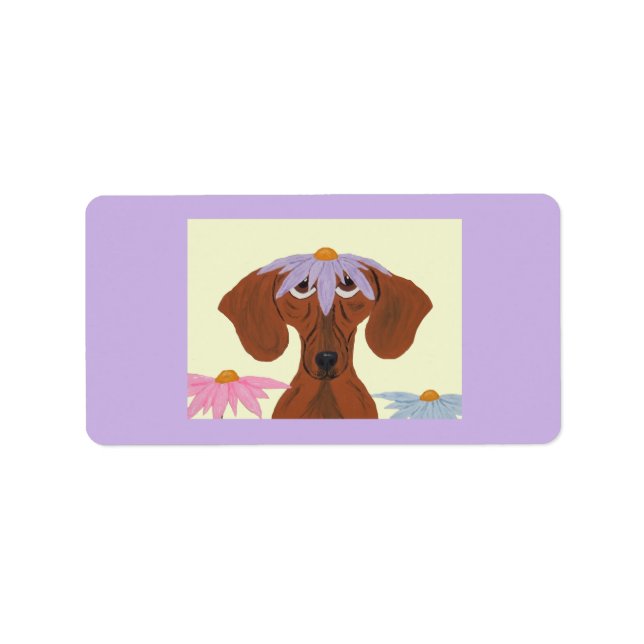 Étiquette Dachshund avec une fleur sur la tête (Devant)
