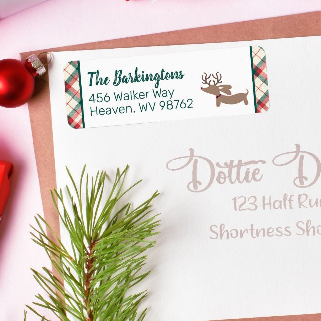Étiquette Dachshund Christmas Preppy Plaid Doxie (Personalized dachshund Christmas plaid return address labels for doxie-themed holiday cards)