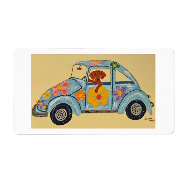 Étiquette Dachshund dans une voiture hippie (Devant)