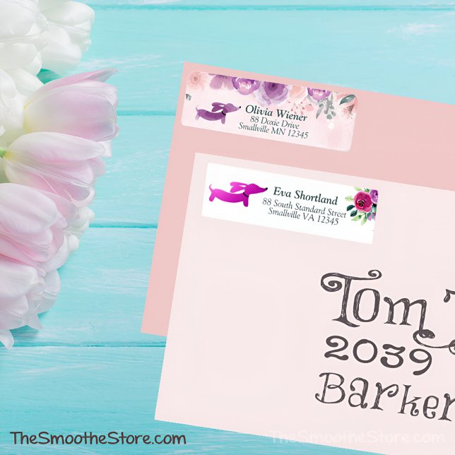 Étiquette Dachshund Floral Adresse de retour Label Purple (Cottagecore dachshund floral address labels - wedding or everyday use)