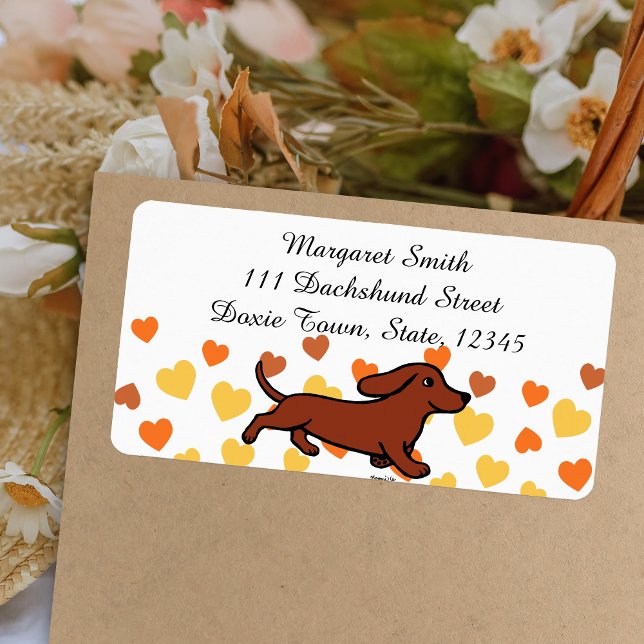 Étiquette Dachshund lisse rouge en course (Red Smooth Dachshund Running Return Address Label featuring Dachshund in action.  Cartoon Design.)