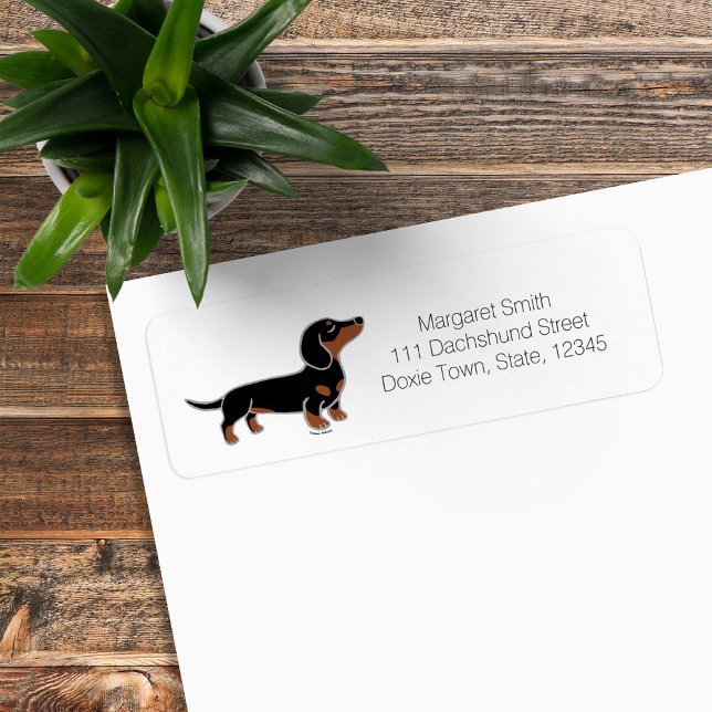 Étiquette Dachshund noir et feu posant (Black and Tan Dachshund Posing Cartoon Design Return Address Label for Dachshund Owners.)