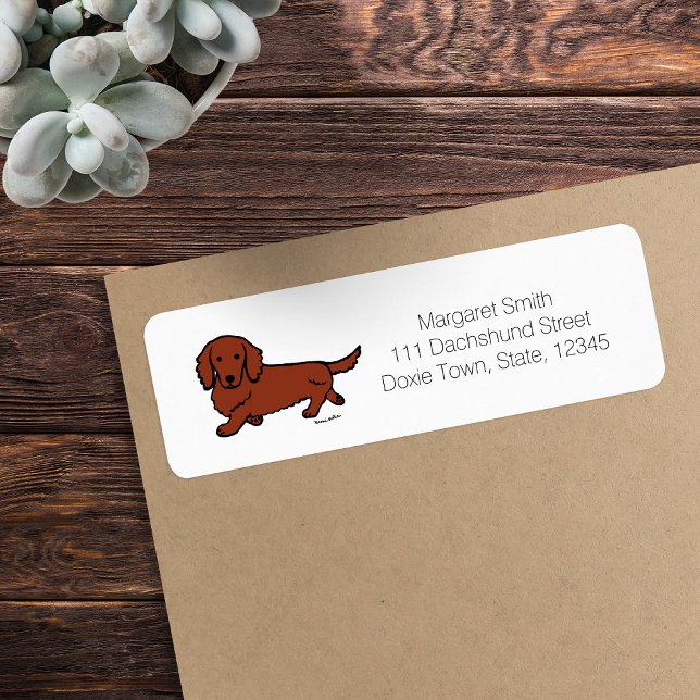 Étiquette Dachshund roux à longs poils 1 (Red Long Haired Dachshund Return Address Label featuring Walking Dachshund.  Cute Cartoon Design.)