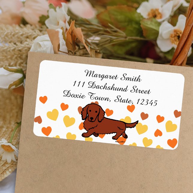 Étiquette Dachshund roux à longs poils 1 (Red Long Haired Dachshund Return Address Label featuring Dachshund Walking.  Cute Cartoon Design.)