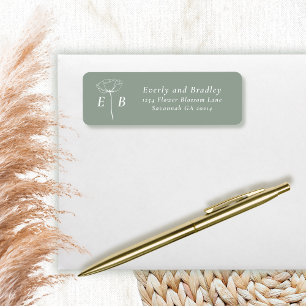 Étiquette d'adresse à monogramme fleuri vert sauge