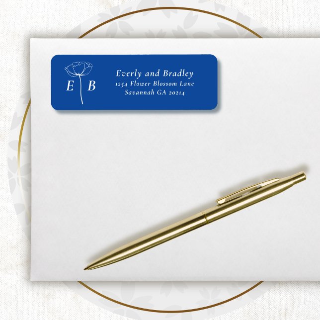 Étiquette d'adresse à monogramme floral bleu royal (Créateur téléchargé)