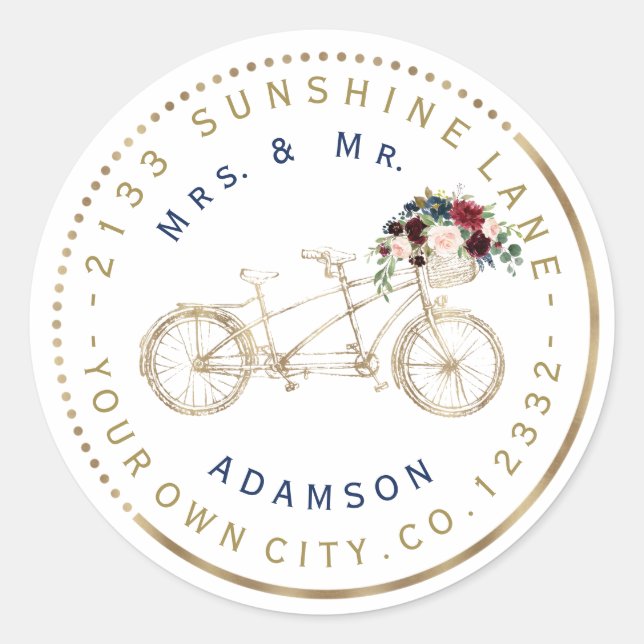 Étiquette d'adresse circulaire vélo floral bleu de (Devant)