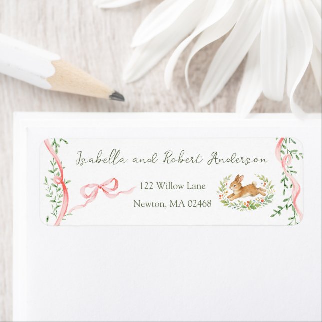 Étiquette d'adresse de Baby Shower Lapin Rose Flor (En situation)