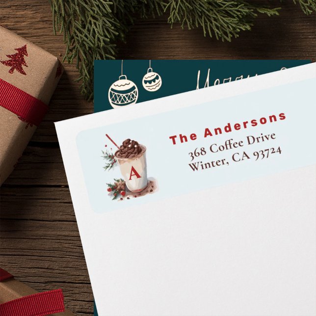 Étiquette d'adresse de café de Noël Monogramme Rou (Créateur téléchargé)