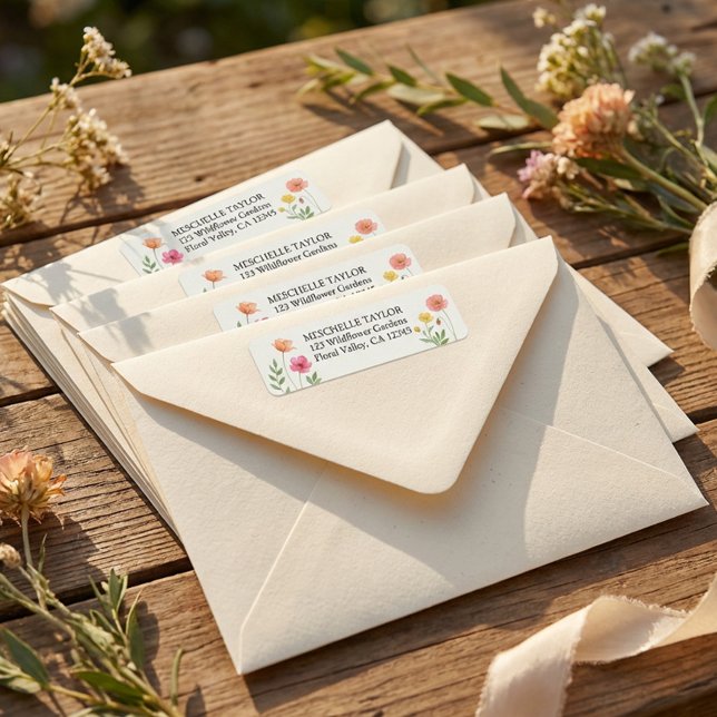Étiquette d'adresse de fleurs de mariage rose oran (Return address labels from the Wildflower Bloom collection by Darling & May)