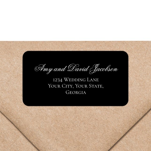Étiquette d'adresse de mariage à l'écriture noire  (Black background wedding return address label with elegant white calligraphy script)