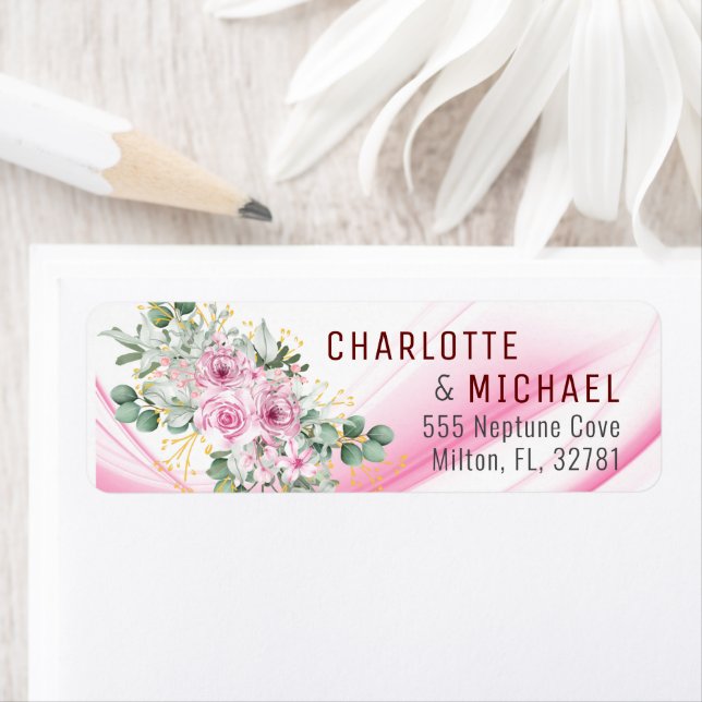 Étiquette d'adresse de mariage à vague rose et flo (En situation)