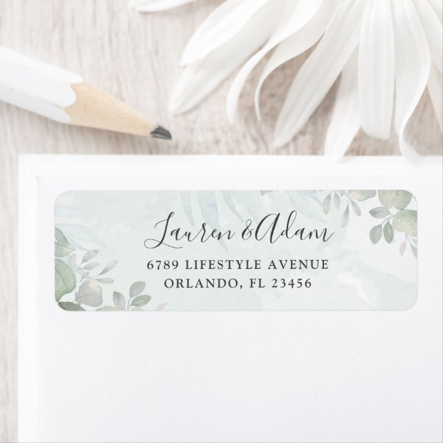 Étiquette d'adresse de mariage aquarelle vert saug (En situation)
