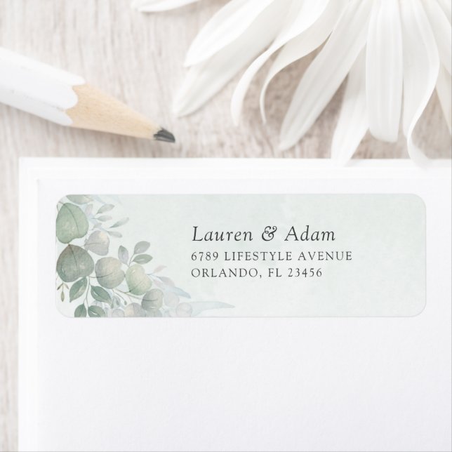Étiquette d'adresse de mariage au eucalyptus vert  (En situation)