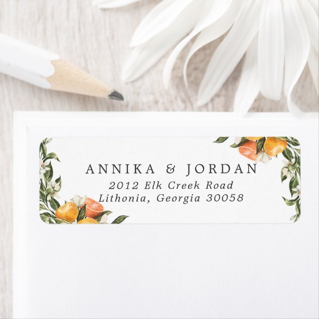 Étiquette d'adresse de mariage avec agrumes et ver (En situation)