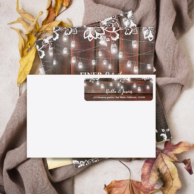 Étiquette d'adresse de mariage en bois rustique av (Rustic Wood String Lights Wedding Address Label | Barn Lace Return Address Sticker)