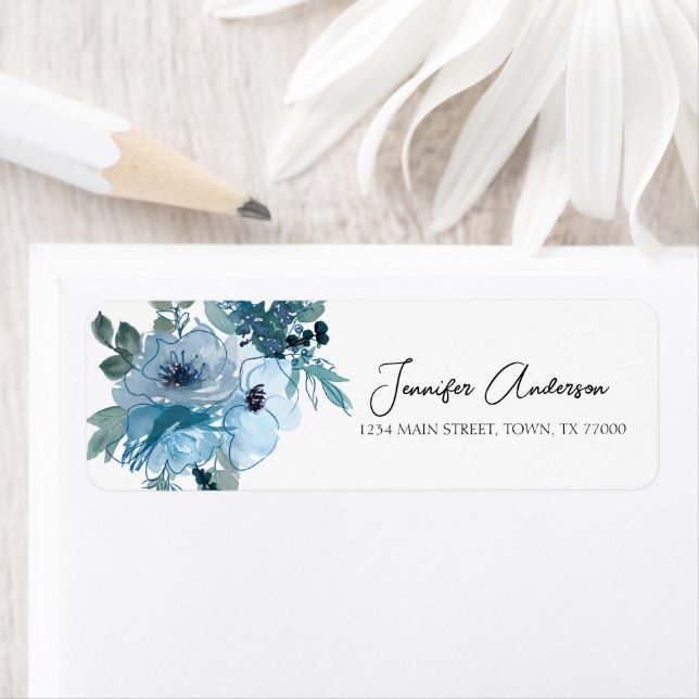 Étiquette d'adresse de mariage floral Roses Bleu P (En situation)