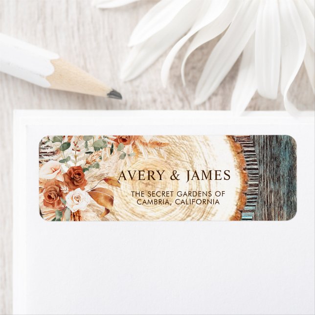 Étiquette d'adresse de mariage florale en bois rus (Créateur téléchargé)
