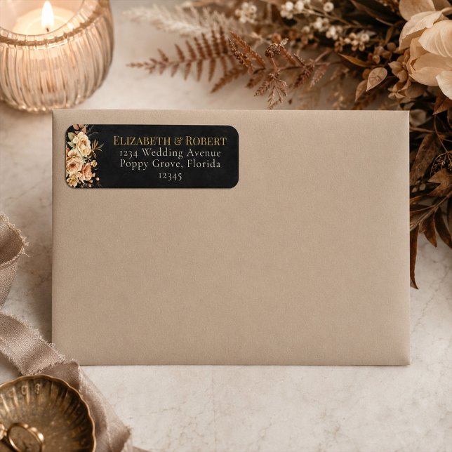 Étiquette d'adresse de mariage florale noire de so (Forest Witch Black Floral Wedding Address Label)