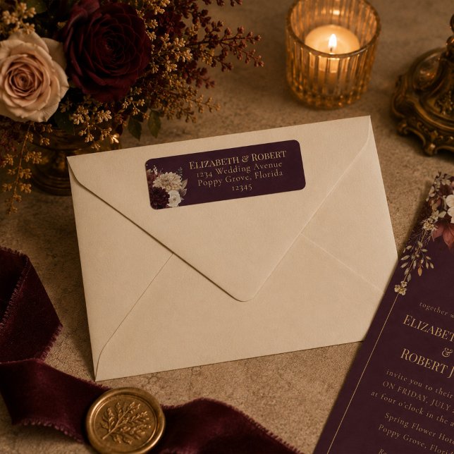 Étiquette d'adresse de mariage gothique floral bur (Burgundy Floral Gothic Wedding Address Label)