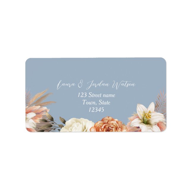 Étiquette d'adresse de mariage pêche et bleu pouss (Devant)
