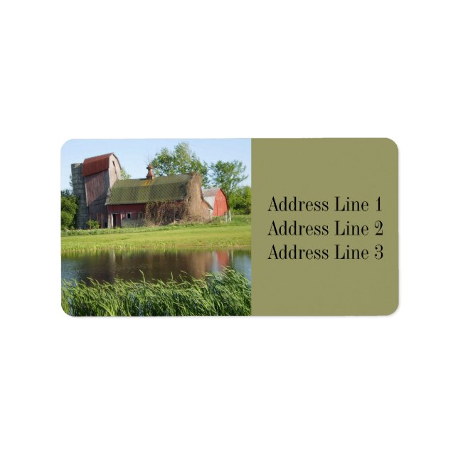 Étiquette d'adresse de photo de grange et d'étang  (Devant)
