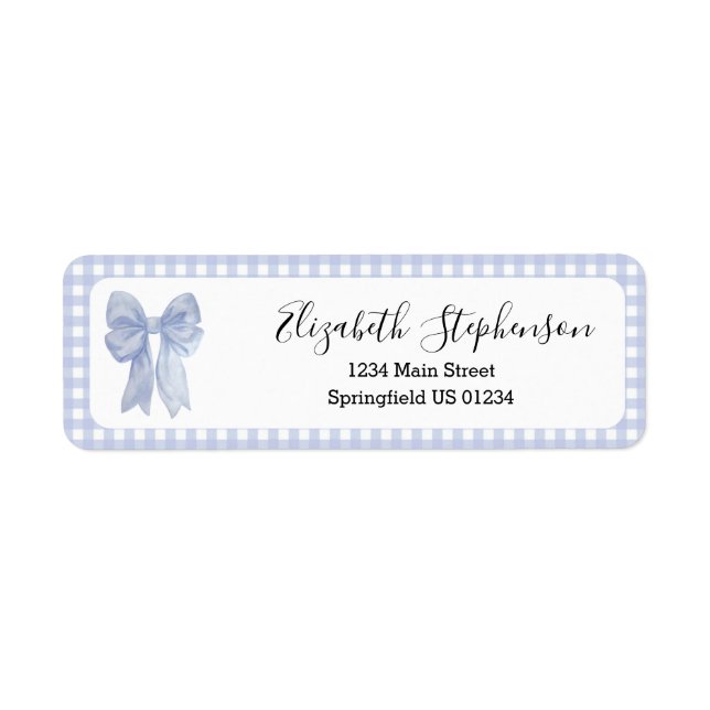 Étiquette d'adresse de retour à ruban gingham bleu (Devant)