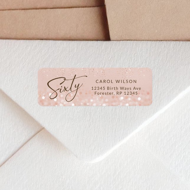 Étiquette d'adresse de retour Anniversaire 60 ans  (Rose Gold Glitter 60th Birthday Return Address Label)