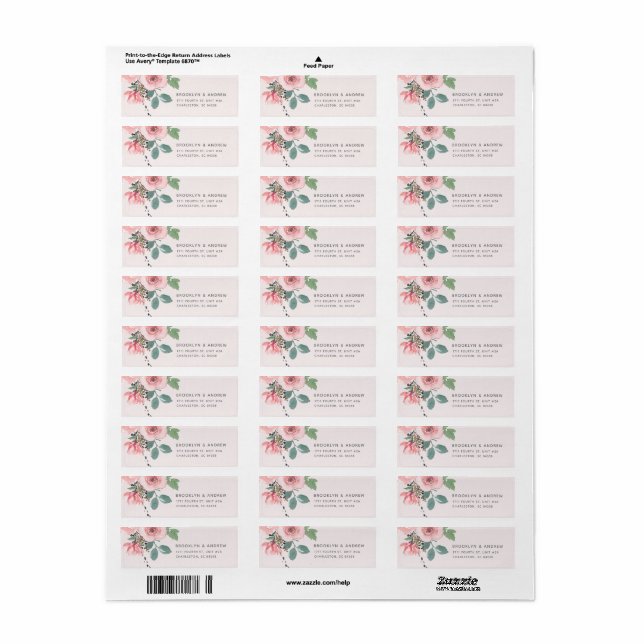 Étiquette d'adresse de retour aquarelle rose blush (Feuille entière)